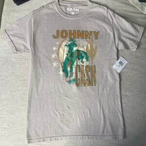 JOHNNY CASH NWT Extra Small XS Beige Graphic Tee Country Cowboy Tan Green NEW